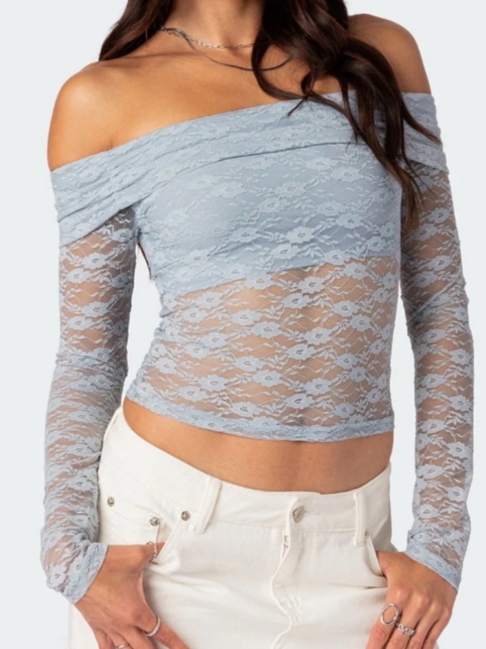 Edikted Bella Off The Shoulder Long Sleeve Lace Top